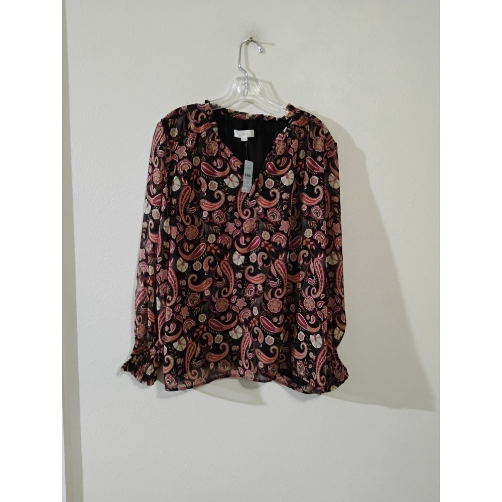 LOFT Petite XXL Paisley Floral V-Neck Blouse Smocked Cuffs NWT 35432142